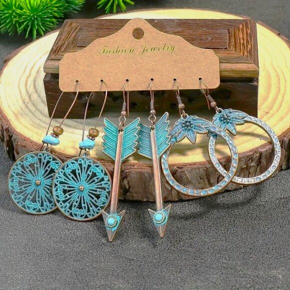 3pr Turquoise Bronzed Earrings Dangle Gypsy Boho Hippie Native Southwest Stylish - Picture 1 of 2